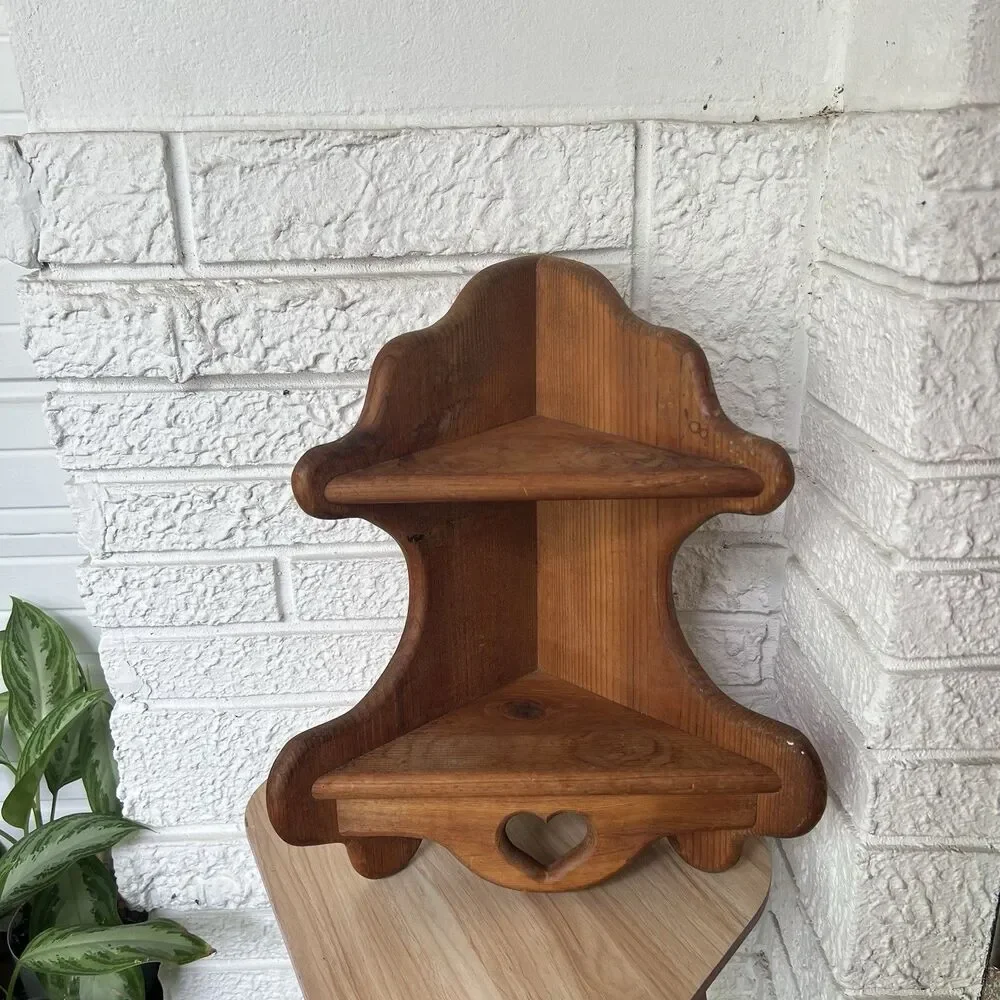 Vintage Wood Heart Cutout 2 Tier Corner Shelf Farmhouse Cottagecore Cabincore